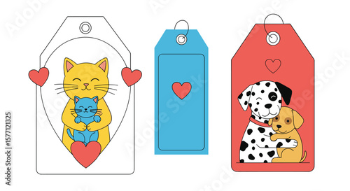Adorable animal friendship gift tags featuring hugging pets and hearts for valentine's day