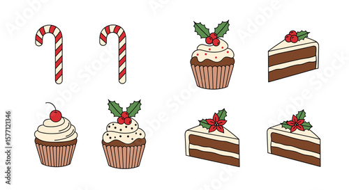 Festive holiday treats featuring candy canes cupcakes and cake slices for celebrations
