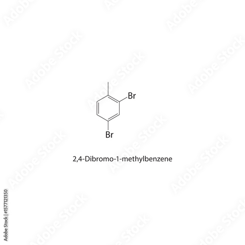 2,4-Dibromo-1-methylbenzene skeletal structure. Halogenated aromatic compound schematic illustration. Simple diagram, chemical formula.