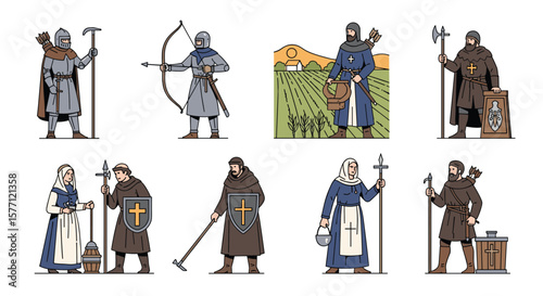 Collection of medieval figures depicting knights clergy and peasants working together