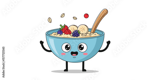 A joyful blue bowl filled with delicious oatmeal topped with fresh berries and bananas