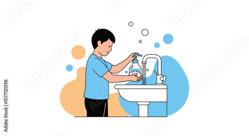 Hygiene practice young child washing hands carefully at the sink with running water