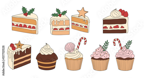A collection of festive holiday desserts with sweet toppings and decorations