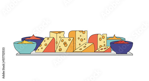 Delicious cheese cubes and wedges displayed with assorted savory dips and spreads