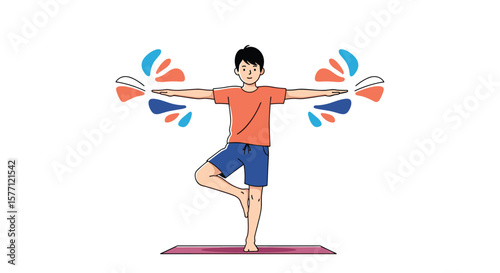 Young man doing a yoga pose on a mat with colorful decorations flowing from his arms