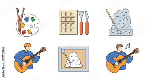 Creative expression through various artistic disciplines including painting sculpture and music performance