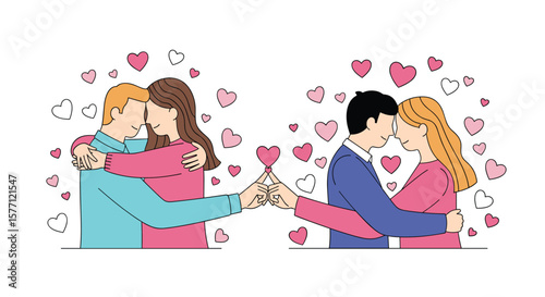 Romantic couples embrace heart shaped confetti celebrates love togetherness and affection