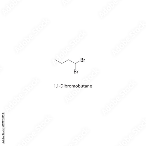 1,1-Dibromobutane skeletal structure. Halogenated alkane compound schematic illustration. Simple diagram, chemical formula.
