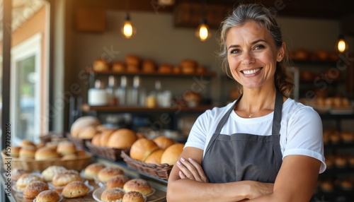 Fototapeta Naklejka Na Ścianę i Meble -  Businesswoman owner stands behind bakery table with golden-brown bread loaves, overflowing basket, cozy bakery backdrop. Smiling mature Hispanic lady in apron, grey hair, outdoors, street, shop,