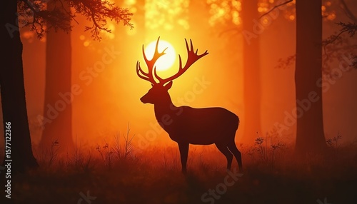 Majestic deer with large antlers stands in serene woodland facing right. Coat blends with surroundings. Tranquil forest background with tall trees, rustling green leaves. Sun casts long shadows, warm