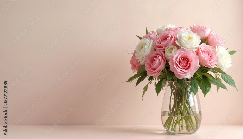 Obraz premium Pink, white roses bouquet in glass vase on wooden shelf. Vibrant flowers against light pink background. Clear glass vase with curved neck holds stems of flowers. Elegant arrangement of roses on shelf.