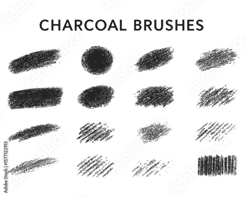 Collection of handmade charcoal brushes textures for artistic design and creative projects offering a variety of different styles and shapes