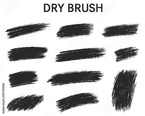 Unique collection of dry brush stroke shapes for artistic creations painting and abstract design element for textures
