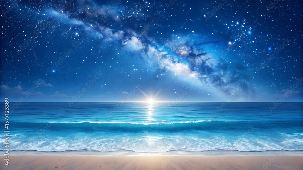 Fototapeta premium Vast ocean under a starry night sky with the milky way and a bright horizon glow