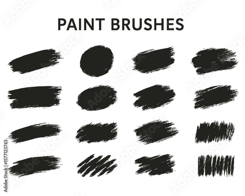 Various black paint brush stroke samples on a white backdrop demonstrating creative expression in artistic design and visual
