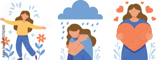 Illustration depicting a woman in three emotional states: happiness, sadness, and self love


