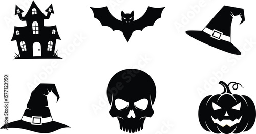 A set of spooky Halloween icons illustrating skulls, pumpkins, and other scary symbols of death and horror