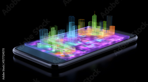 Wallpaper Mural High-tech smartphone with holographic 3D bar charts projecting from screen. Dark background enhances tech and futuristic aesthetic. Ideal for data, fintech, or analytics content. Torontodigital.ca