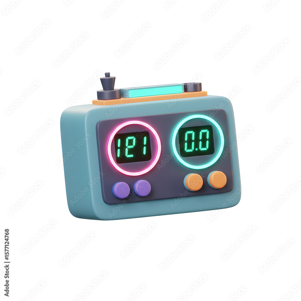 Fototapeta premium A blue cartoon chess clock shows two digital displays, with pink and teal highlights, indicating timekeeping during a game or competition.