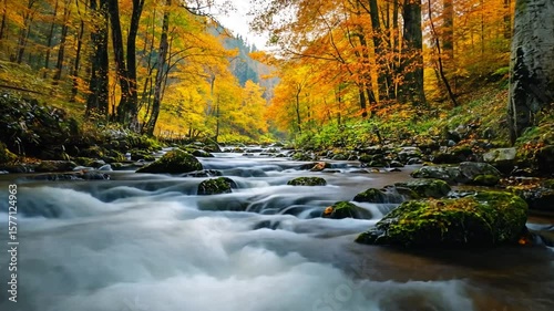 Serene Autumnal River Flowing Through Forest with Vibrant Fall Colors and Mossy Rocks
