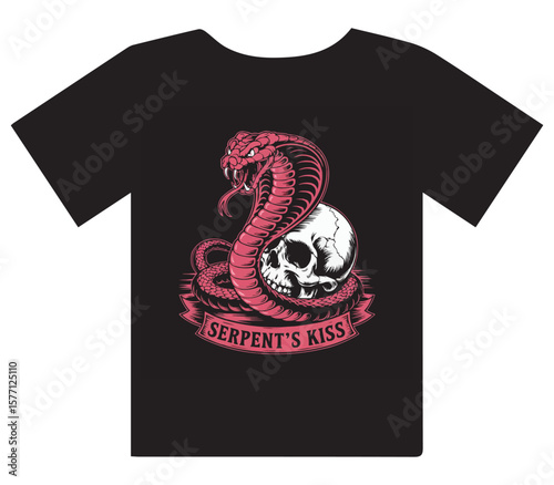 Edgy black t-shirt with striking cobra and skull graphic for bold fashion statements