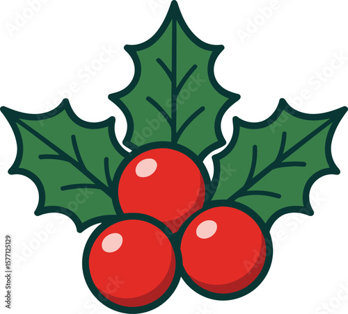 Christmas Holly Berries with Leaves – Flat Icon Vector Illustration