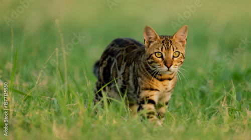 Wallpaper Mural An alert wildcat with distinctive stripes walks through lush green grass Torontodigital.ca