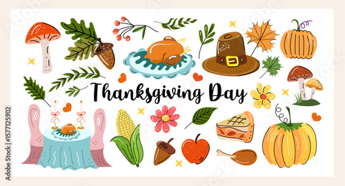  Thanksgiving Day hand drawn vector set with turkey, pumpkin pie, harvest food, mushrooms, leaves and cozy doodles. Perfect for cards, prints, stickers and autumn celebration decor