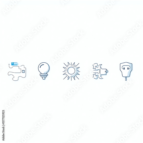 Sustainable energy sources illustrated with simple icons: cloud, lightbulb, sun, energy exchange, and charging station.