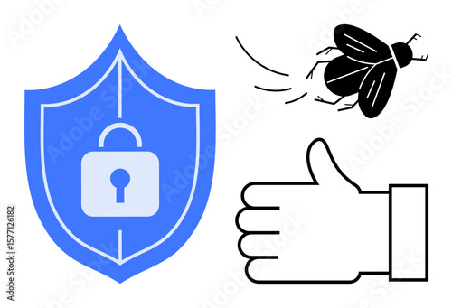 Blue shield with lock representing security, black flying bug symbolizing threat, and thumbs-up hand signifying safety. Ideal for data protection, antivirus, software approval, cybersecurity, threat