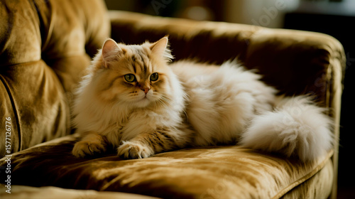 Beautiful fluffy ginger cat resting on a velvet couch indoors