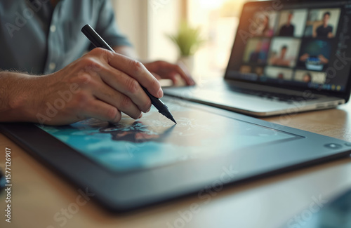 Man in gray shirt retouches image on laptop tablet. Professional editor uses stylus pen on graphics. Freelancer creates digital art on computer device. Portrait retouching process.