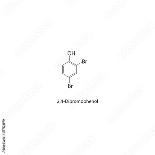 2,4-Dibromophenol skeletal structure. Halogenated phenol compound schematic illustration. Simple diagram, chemical formula.