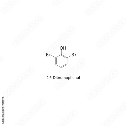 2,6-Dibromophenol skeletal structure. Halogenated phenol compound schematic illustration. Simple diagram, chemical formula.