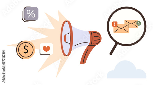 Megaphone amplifying finance, love, and discount symbols, linked to email notifications and alerts. Ideal for advertising, outreach, digital marketing, promotions, communication e-commerce simple
