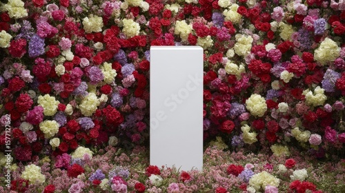 A stark white monolith amidst opulent roses evokes surrealistic wonderland vibes, nodding to Earth Day and Floralia festivities