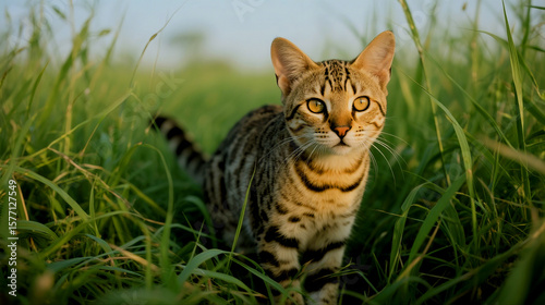 Wallpaper Mural Adorable Spotted Cat Stares Intently Through Tall Green Grass During Golden Hour Sunlight Torontodigital.ca