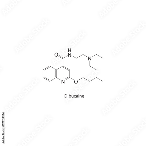 Dibucaine skeletal structure. Local anesthetic compound schematic illustration. Simple diagram, chemical formula.