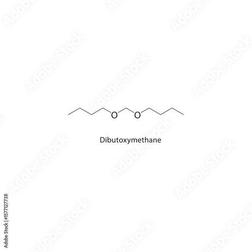 Dibutoxymethane skeletal structure. Acyclic ether compound schematic illustration. Simple diagram, chemical formula.