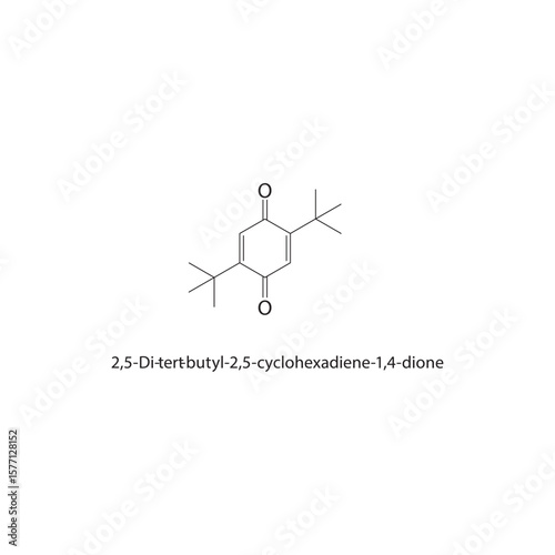 2,5-Di-tert-butyl-2,5-cyclohexadiene-1,4-dione skeletal structure. Hindered quinonoid compound compound schematic illustration. Simple diagram, chemical formula.