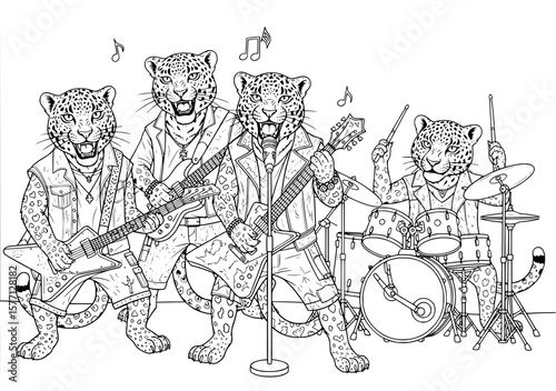 rock band consisting of leopards perform a concert. coloring book