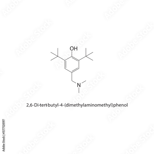 2,6-Di-tert-butyl-4-(dimethylaminomethyl)phenol skeletal structure. Hindered phenol antioxidant compound schematic illustration. Simple diagram, chemical formula.