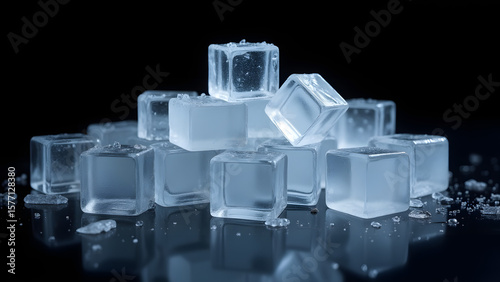 Clear Blue Ice Cubes Stacked on a Dark Background