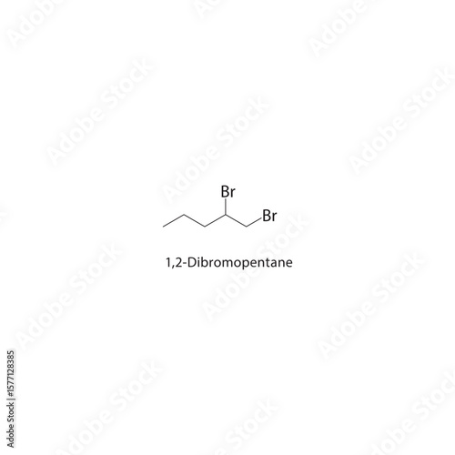 1,2-Dibromopentane skeletal structure. Halogenated alkane compound schematic illustration. Simple diagram, chemical formula.