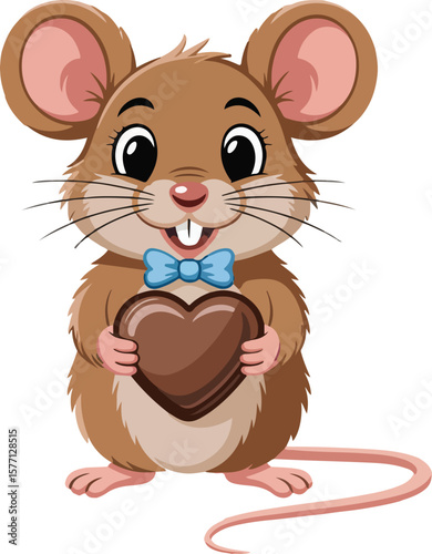 A cute cartoon mouse holding a heart-shaped chocolate, with a cute expression and bow tie