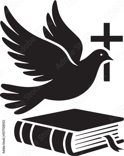A dove, cross, and bible come together to symbolize the essence of religion