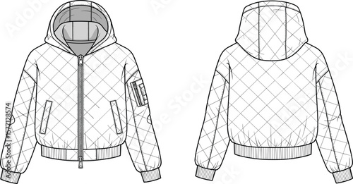 Quilted Hooded Jacket CAD Drawing, Flat Technical Fashion Sketch, Front and Back View, Vector Apparel Template, Garment Design Illustration