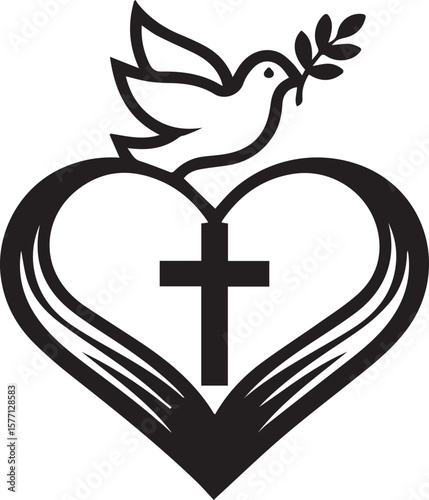 A symbolic image of peace represented by a dove with an olive branch, set over a cross and a heart. It evokes feelings of hope and serenity