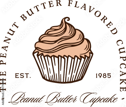 Peanut butter cupcake flavor frosting cream flavored filling homemade creamy winter treats logo sticker label design. Fancy retro luxury aesthetic drawing illustration transparent background clipart.