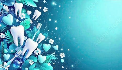 A vibrant dental-themed illustration featuring white teeth, toothbrushes, hearts, leaves, and flowers on a blue gradient background.